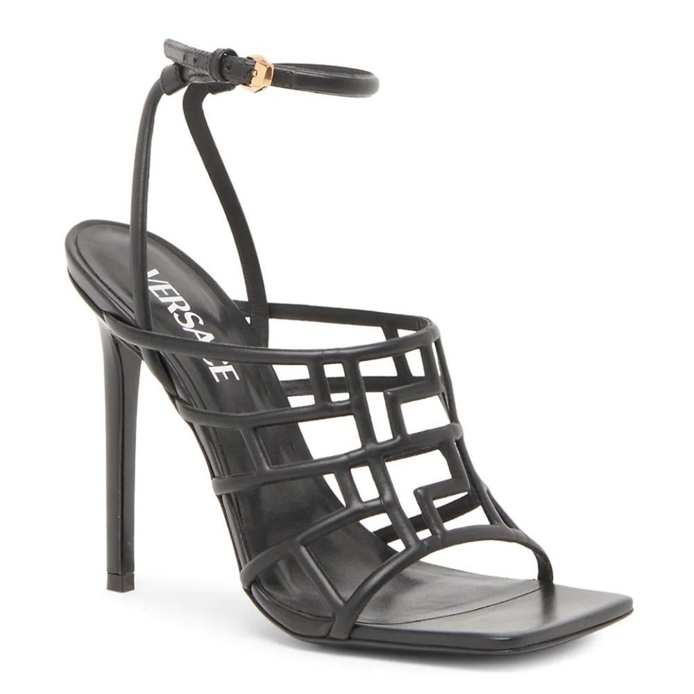 Versace Caged Leather Stiletto Sandals in Black with Gold buckle Size 39